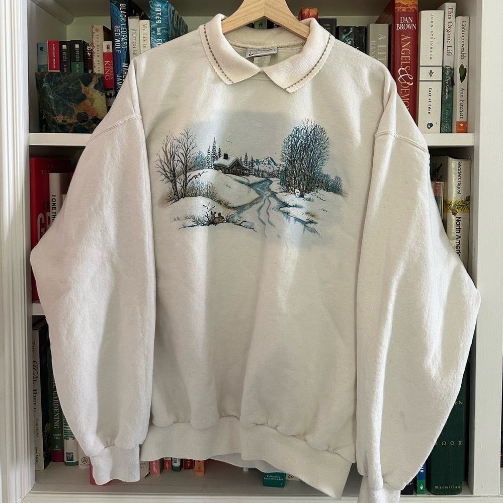 Vintage 90’s Morning Sun Winter Scene Collared Sweatshirt White Color Size XL
